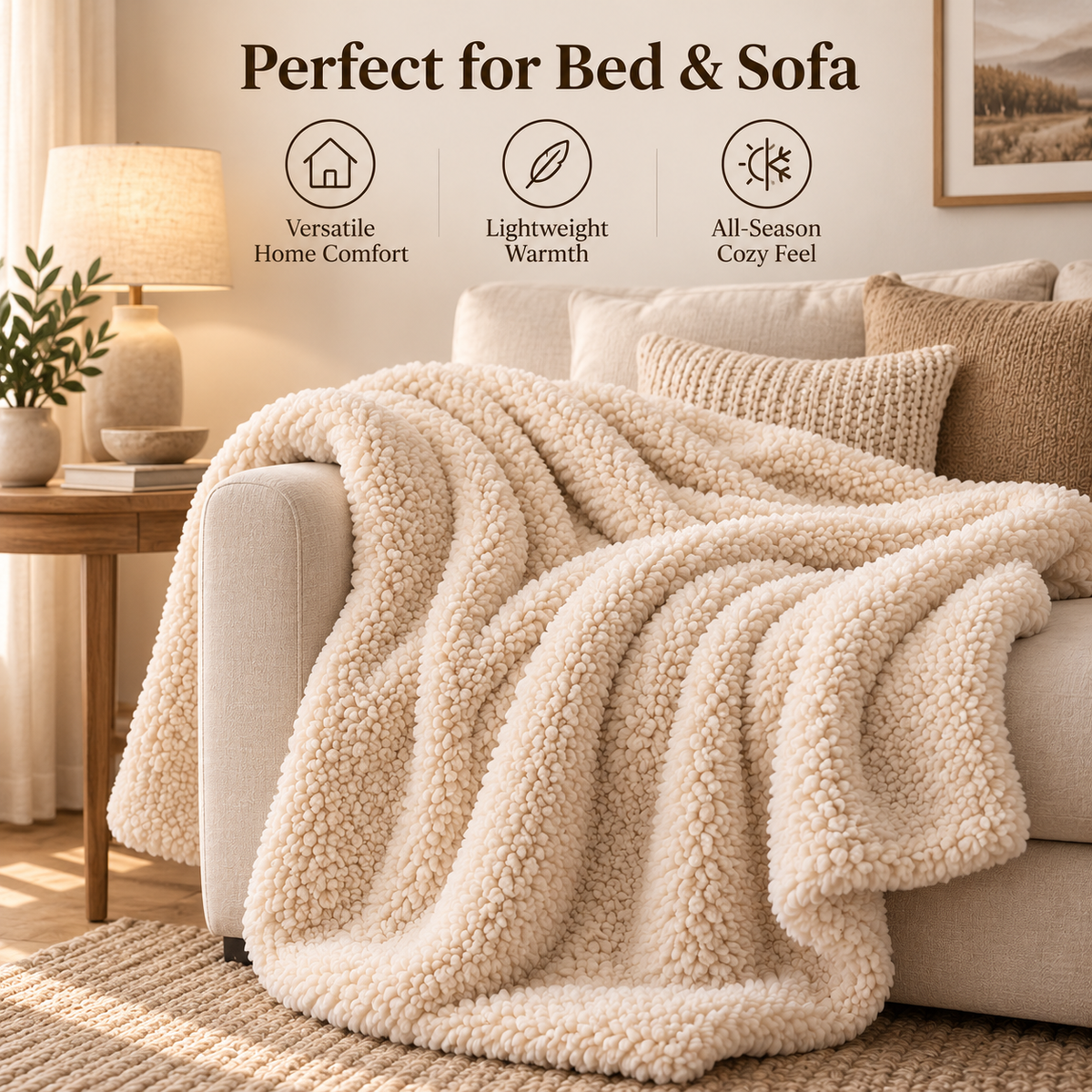☁️✨ SLEEIP Plush Sherpa Throw Blanket | Ultra-Soft Cozy Blanket for Bed & Sofa | Lightweight Warmth for Every Season | Comfortable Bedroom Essential