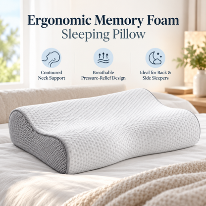 🛏️✨ Ergonomic Memory Foam Sleeping Pillow | Contoured Neck Support for Comfortable Sleep | Breathable Pressure-Relief Design | Ideal for Back & Side Sleepers