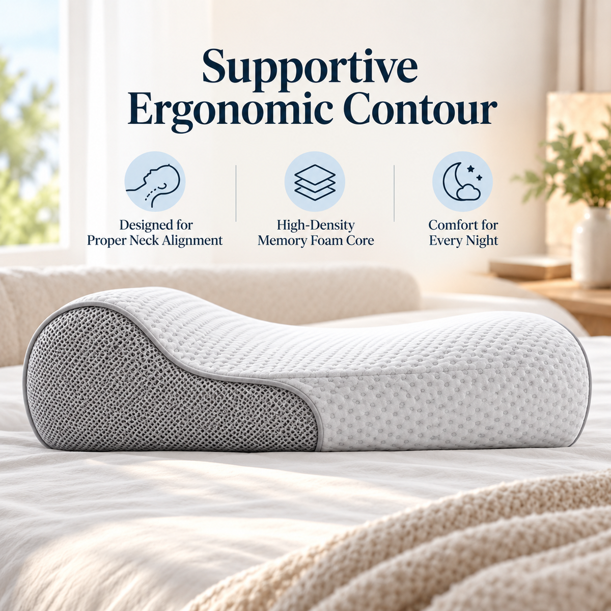 🛏️✨ Ergonomic Memory Foam Sleeping Pillow | Contoured Neck Support for Comfortable Sleep | Breathable Pressure-Relief Design | Ideal for Back & Side Sleepers