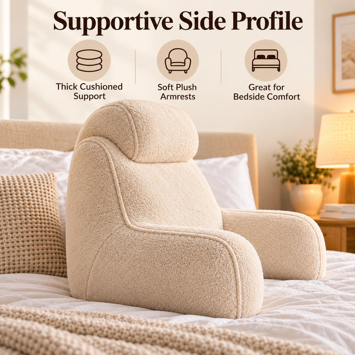 🌙✨ SLEEIP Soft Bedside Reading Pillow | Supportive Backrest Cushion with Armrests | Comfortable for Reading, Relaxing & Lounging in Bed
