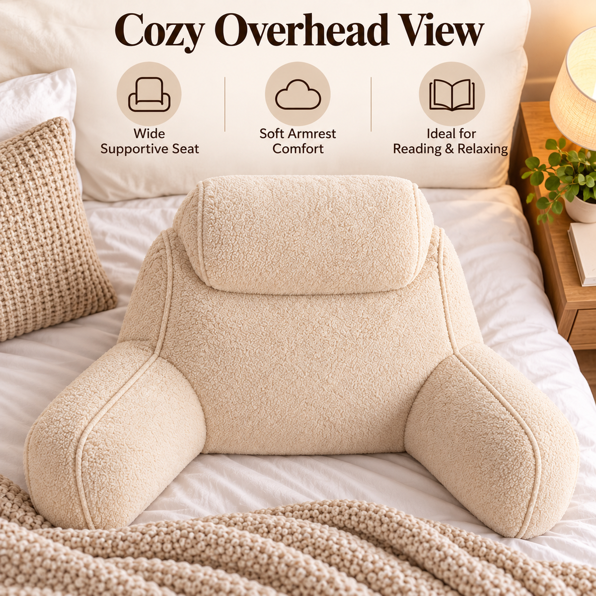 🌙✨ SLEEIP Soft Bedside Reading Pillow | Supportive Backrest Cushion with Armrests | Comfortable for Reading, Relaxing & Lounging in Bed