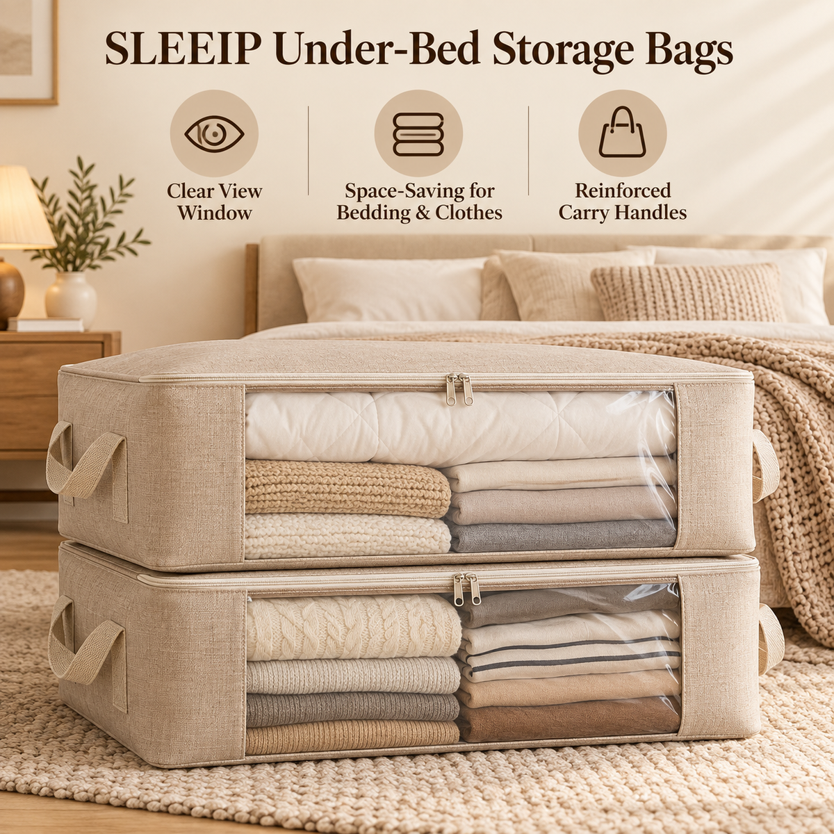 🧺✨ SLEEIP Under-Bed Storage Bags with Clear Windows | Space-Saving Storage for Bedding & Clothes | Reinforced Handles | Easy-View Organizer