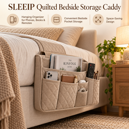 🛌✨ SLEEIP Quilted Bedside Storage Caddy | Hanging Organizer for Phones, Books & Remotes | Convenient Bedside Pocket Storage | Space-Saving Design