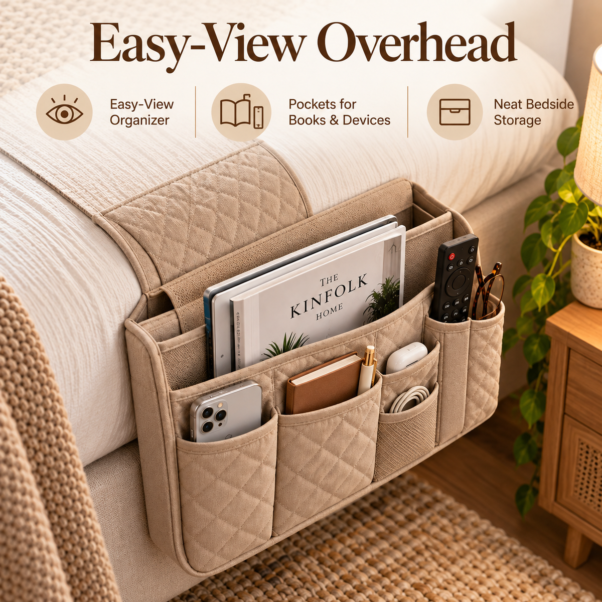 🛌✨ SLEEIP Quilted Bedside Storage Caddy | Hanging Organizer for Phones, Books & Remotes | Convenient Bedside Pocket Storage | Space-Saving Design