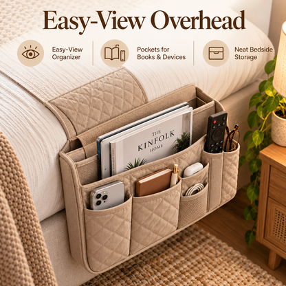 🛌✨ SLEEIP Quilted Bedside Storage Caddy | Hanging Organizer for Phones, Books & Remotes | Convenient Bedside Pocket Storage | Space-Saving Design