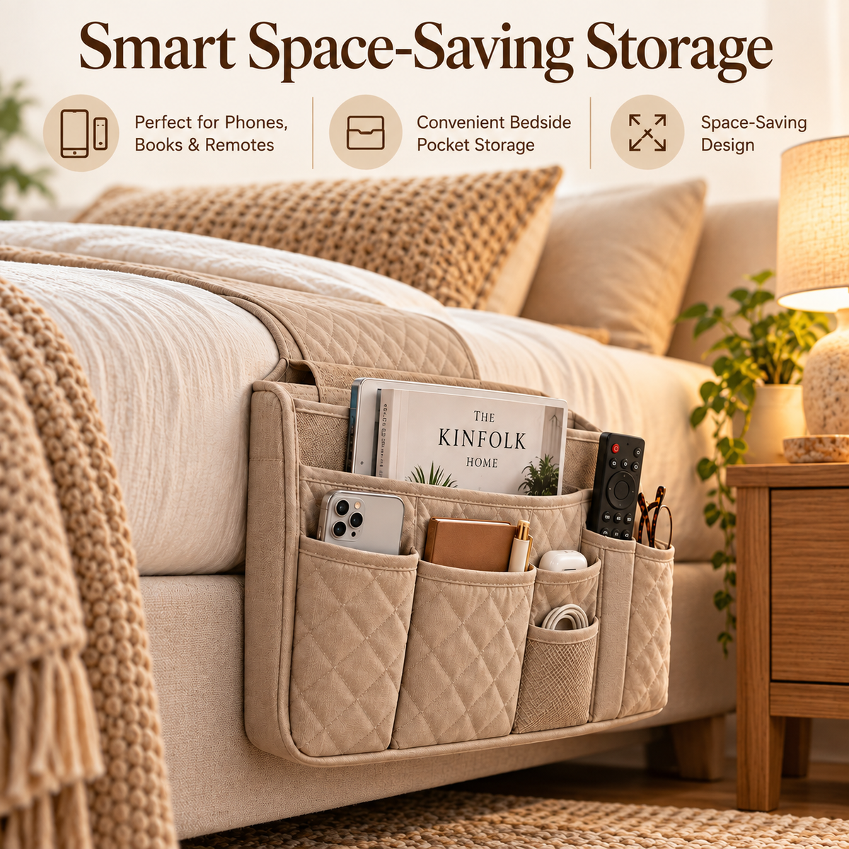 🛌✨ SLEEIP Quilted Bedside Storage Caddy | Hanging Organizer for Phones, Books & Remotes | Convenient Bedside Pocket Storage | Space-Saving Design