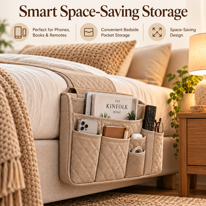 🛌✨ SLEEIP Quilted Bedside Storage Caddy | Hanging Organizer for Phones, Books & Remotes | Convenient Bedside Pocket Storage | Space-Saving Design