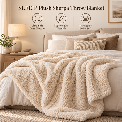 ☁️✨ SLEEIP Plush Sherpa Throw Blanket | Ultra-Soft Cozy Blanket for Bed & Sofa | Lightweight Warmth for Every Season | Comfortable Bedroom Essential