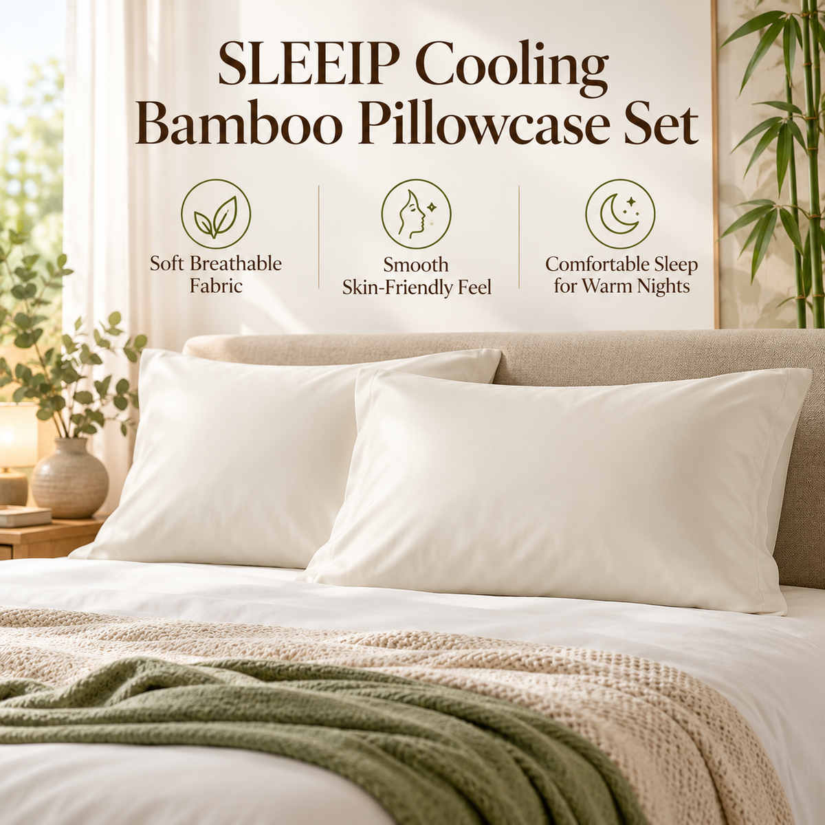 🌿✨ SLEEIP Cooling Bamboo Pillowcase Set | Soft Breathable Pillow Covers | Smooth Skin-Friendly Fabric | Comfortable Sleep for Warm Nights