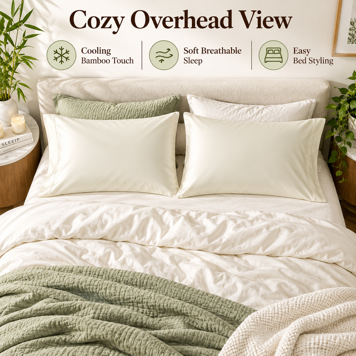 🌿✨ SLEEIP Cooling Bamboo Pillowcase Set | Soft Breathable Pillow Covers | Smooth Skin-Friendly Fabric | Comfortable Sleep for Warm Nights