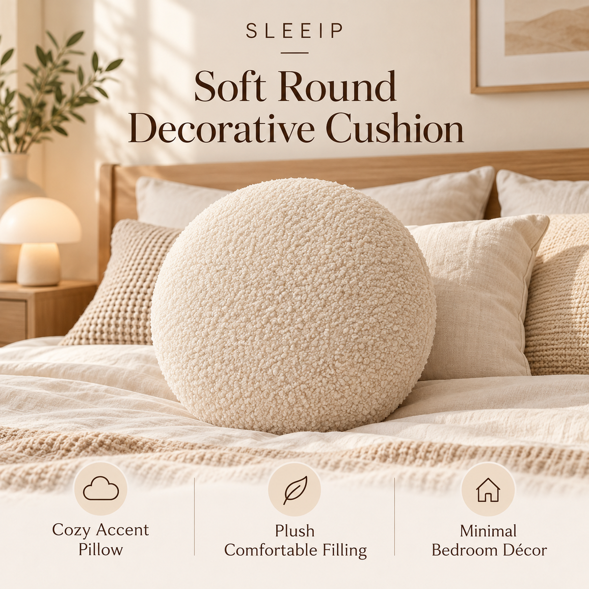 🧸✨ SLEEIP Soft Round Decorative Cushion | Cozy Accent Pillow for Bed, Chair & Sofa | Plush Comfortable Filling | Minimal Bedroom Décor