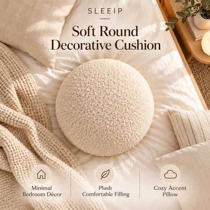 🧸✨ SLEEIP Soft Round Decorative Cushion | Cozy Accent Pillow for Bed, Chair & Sofa | Plush Comfortable Filling | Minimal Bedroom Décor