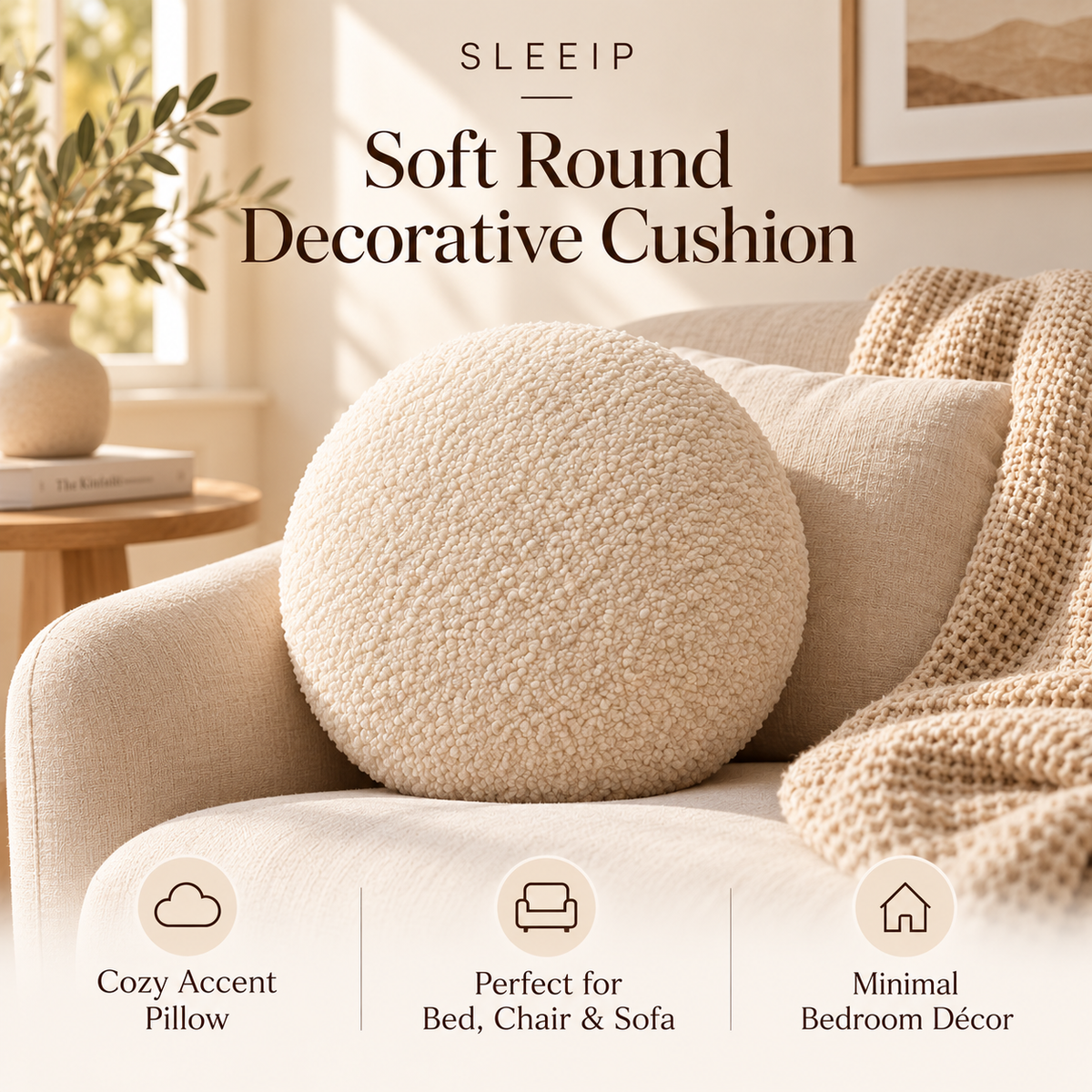 🧸✨ SLEEIP Soft Round Decorative Cushion | Cozy Accent Pillow for Bed, Chair & Sofa | Plush Comfortable Filling | Minimal Bedroom Décor