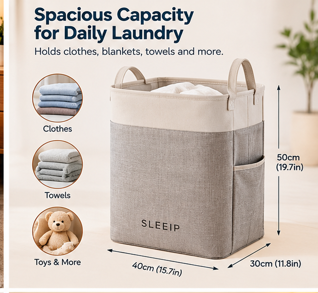 ✨🧺 SLEEIP Foldable Bedside Laundry Basket | Lightweight Clothes Hamper with Handles | Space-Saving Bedroom Storage | Easy Carry Design