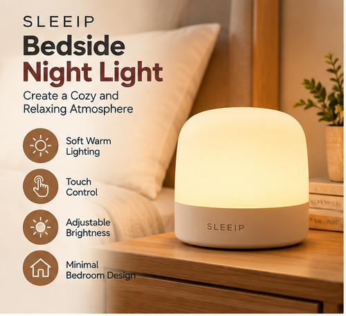 🌙✨ SLEEIP Bedside Night Light with Touch Control | Soft Warm Ambient Lighting | Adjustable Brightness for Nighttime Use | Minimal Bedroom Design