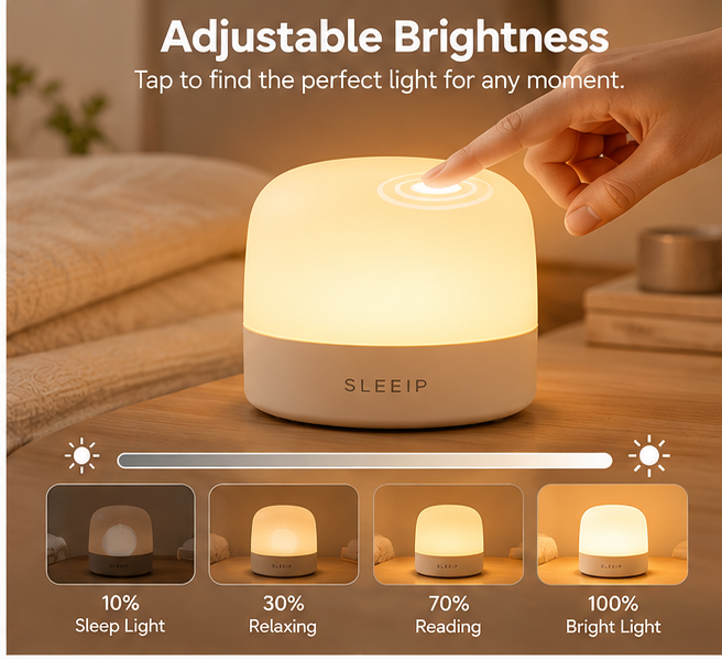 🌙✨ SLEEIP Bedside Night Light with Touch Control | Soft Warm Ambient Lighting | Adjustable Brightness for Nighttime Use | Minimal Bedroom Design