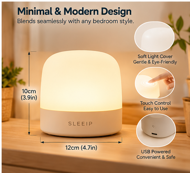 🌙✨ SLEEIP Bedside Night Light with Touch Control | Soft Warm Ambient Lighting | Adjustable Brightness for Nighttime Use | Minimal Bedroom Design